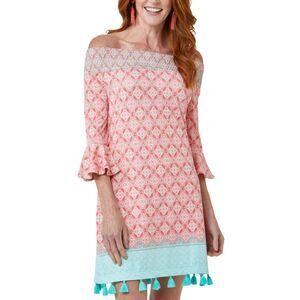 Cabana Life Off The Shoulder Tassel Dress Large Pink Aqua UPF 50+ Nylon Spandex